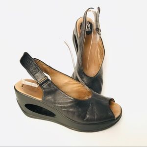 Fly London 38 8 Black Leather High Heel Open Toe
